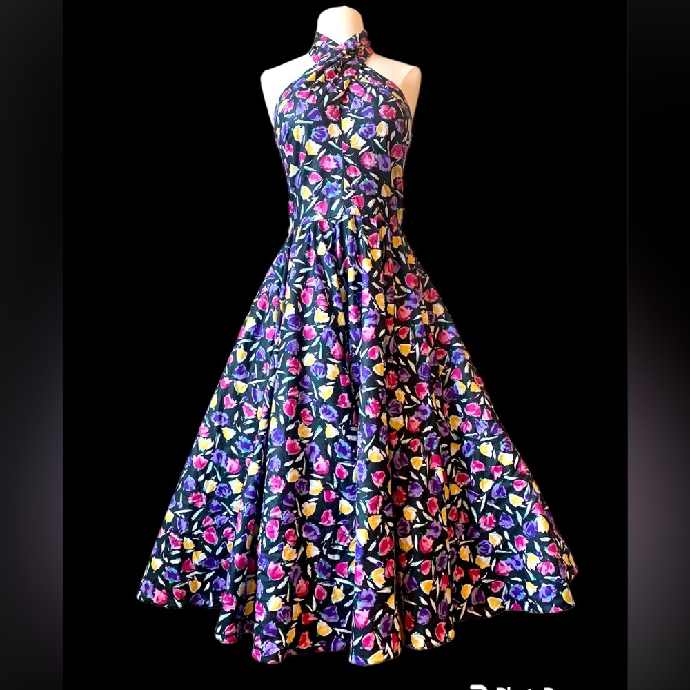 Victor Costa Navy Floral Halter Midi Dress with Pink & Yellow Flowers